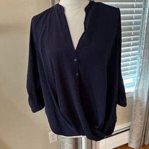 Navy Faux Wrap Style Top- EUC